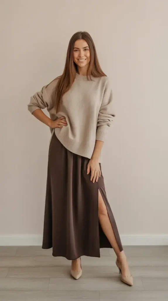 Cozy Taupe Knit with Chocolate Satin Midi